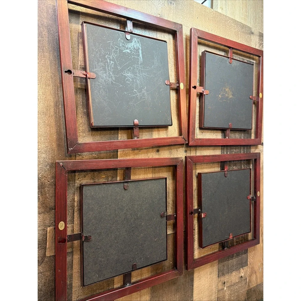 Set of 4 Vintage Gothic Wall Mirrors Red Metal Geometric Jeweled Window Panels